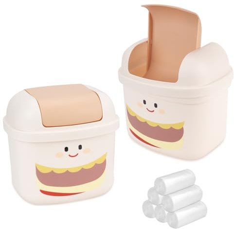 RETON 2 Stück Nette Mini Mülleimer Mit Deckel, Mini Mülleimer mit 180-Mülltüten,Kreativer Tischmülleimer Klein, Tischabfalleimer für Schlafzimmer Badezimmer Küche Büro (Creme) (2)