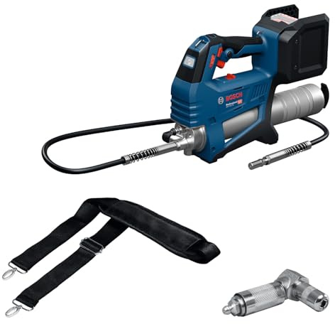 Bosch Professional 18V System Cordless Grease Gun GFP 18V-10 (max. Operating Pressure 10,000 psi, max. Flow Rate up to 320g /min., incl. 90° Coupler, Shoulder Strap)