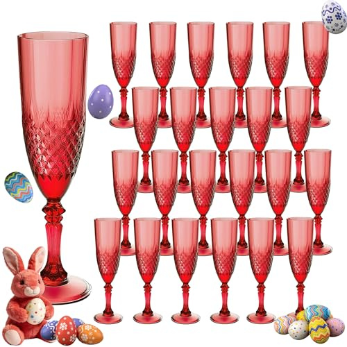 LEYIQU Plastic Champagne Flutes, Champagne Glasses Bulk, Reusable Unbreakable Acrylic Wine Glasses Goblets for Weddings Bachelor Parties Toasting Bridal Shower Easter (24, Dark Red)