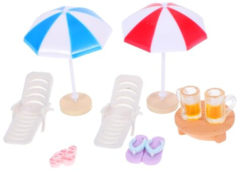 iplusmile Miniatur Strand Deko Set Teilig mit Liegestühlen Strandhausschuhen Sonnenschirmen aus Robustem Resin für DIY Puppenhaus und Gartendekoration Detailreiche Wetterfeste Miniatur