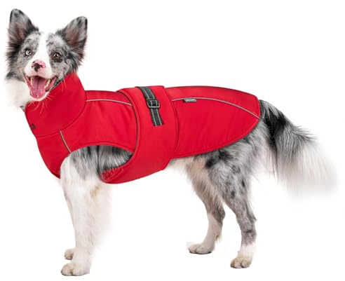 OneTigris Hundemantel, STORMWALL Wasserdicht Hundejacke mit Verstellbarer Rückenlänge Fleecefutter Reflektierend und Fellkragen für Wanderungen Outdoor für Mittelere & Große Hunde Rot M