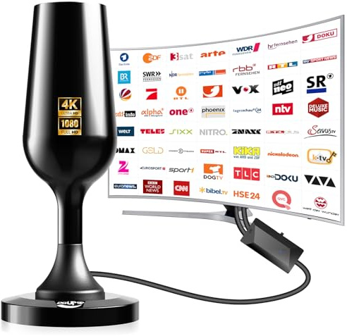DVBT2 Antenna, Indoor Antenna DVB-T & DVB-T2 Antennas with Amplifier, Long Range and 360° Reception, Indoor Antenna for TVs with Strong Magnetic Base, Suitable for 4K 1080p - Black