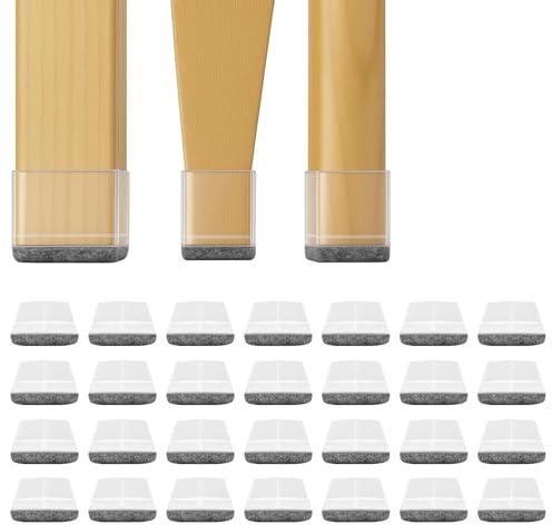 SUNNYNEST 28Pcs Chair Leg Floor Protectors 30-40mm Chair Leg Floor Protectors Pads Transparent Chair Feet Cover Felt Bottom Silicone for Chair Table Sofa Noise Reduction Scratch Protection (Square)