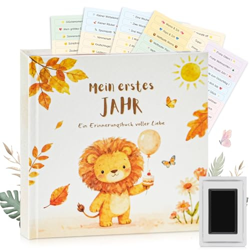 EARLY MINDS Babytagebuch Mein erstes Jahr, Leinen-Cover Babyalbum, 21×21 cm | Babybuch mit 88 Seiten, 4 Sticker, Hand- & Fußabdruck-Set, Erinnerungsbuch für Jungen & Mädchen, Geschenk zur Geburt