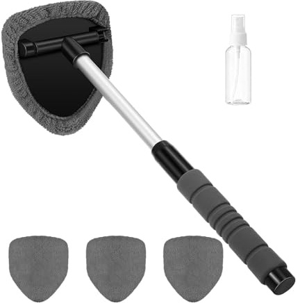 Haluway Car Windscreen Cleaner Tool with Extendable Handle & 4 Washable Microfiber Pads, 360° Rotating Head Auto Glass Wiper Kit for Interior & Exterior Windows, Home Office Glass Cleaning
