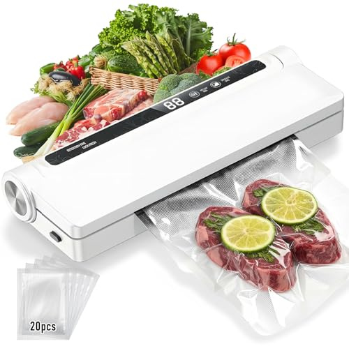 Envasadora al Vacío de Alimentos, con 20 Bolsas, 2 en 1, con Modos Húmedo y Seco Para Conservar Frutas, Verduras, Pan y Carne, Succión de 60 kPa