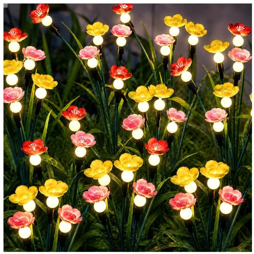 DooYard Juego de 2 luces solares de jardín con flores y luciérnagas, oscilando con el viento, luces solares para exteriores, patio, decoración de caminos, alta flexibilidad, alambre de hierro y flor