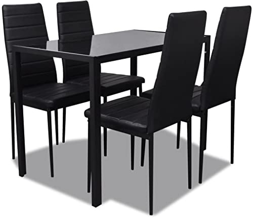 Augerlite matgrupp bord stolar 5 stycken konstläder svart med härdat glas bordsskiva och järnram, kompakt matgrupp komplett för vardagsrum och matsal, modern design