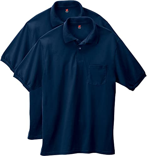 Hanes Men's Short-Sleeve Jersey Pocket Polo (Pack of 2), Navy, 3X-Large