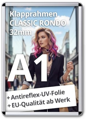 net-xpress® A1 Klapprahmen DIN A1 Plakatrahmen 32 mm silber | mit Antireflex-UV-Folie | Posterrrahmen aus Alu mit abgerundeten Ecken | inkl. Schrauben & Dübel | Wechselrahmen A1 Hoch- & Querformat