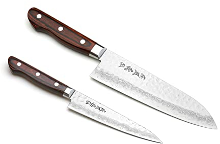 Yoshihiro VG10 - Juego de cuchillos de chef japoneses de acero inoxidable de Damasco martillado de 16 capas Santoku de 180 mm y cuchillo pequeño de 135 mm