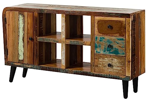 MASSIVMOEBEL24.DE | Sixties Sideboard aus Massivholz #101 Altholz - Mehrfarbig, lackiert mit 3 Schubladen und 1 Tür 150 x 40 x 86 cm Kommode TV-Sideboard