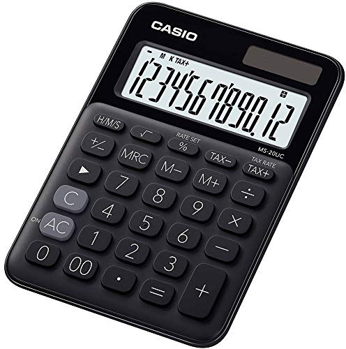 CASIO Tischrechner MS-20UC-BK, 12-stellig, in Trendfarben, Steuerberechnung, Zeitumrechnung, Solar-/Batteriebetrieb, 2.3 x 10.5 x 14.95 cm