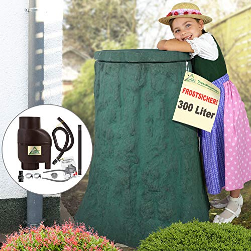 Regentonne, Regentonnen, Regenspeicher, Regenbehälter, Baum 300l Natur-grün mit Befüll- und Entnahme-Set braun FROSTSICHERES Regenfass Wassertonne mit Deckel und Wasserhahn DAS ORIGINAL!
