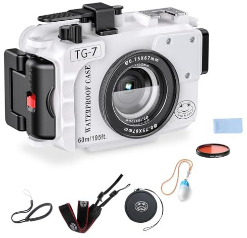 Boîtier étanche Seafrogs 60 m/195 Pieds pour Appareil Photo sous-Marin Olympus TG-7 – Boîtier étanche avec Filetage 52 mm et 67 mm, Deux Ports à Fibre Optique, détection de Fuite (TG-7-Blanc)