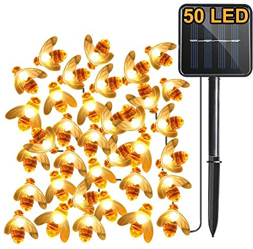 Solar Gartenlichter, Aktualisierung 7M 50LED Biene, 8 Modi Lichterkette, IP65 Wasserdicht Außenbeleuchtung, Solarbetrieben Beleuchtung zum Haus, Patio, Zaun, Party, Weihnachten, Baum (Warmweiß)