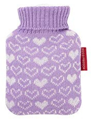 Hugo Frosch Mini-Wärmflasche 0,2 l mit weichem Strickbezug Herzen Lila | kleine Mini-Bettflasche Made in Germany, auslaufsicher & langlebig, mit kuscheligem Überzug, abnehmbar & waschbar