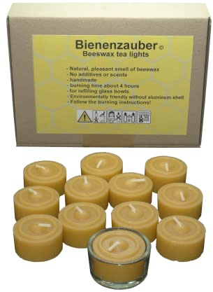 Bienenwachskerze, 12 Stück, reine Bienenwachs-Teelichter direkt vom Imker, handgefertigt, verbreitet einen intensiven, angenehmen Bienenwachs-Duft und strahlt eine angenehme Atmosphäre aus