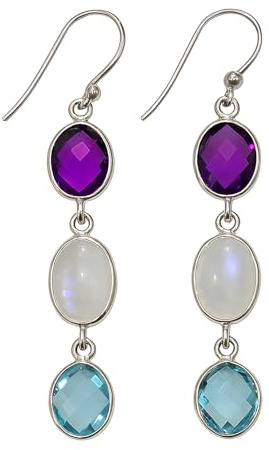 Argent sterling 925 Boucle D'Oreille Pendante Pour Femmes, Améthyste Violette Pierre Lune et Topaze Bleue Fait Main Designer Boucles D'Oreilles, Moderne Fête Mode Bijoux