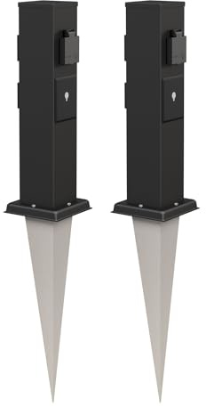 ledscom.de 2X Garten-Steckdosen-Säule Polly schwarz mit Erdspieß für außen, 3-Fach, Smart Home, Edelstahl, eckig, 38cm
