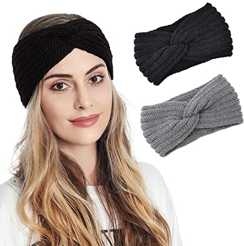 Fashband Knitted Headband Women Ear Warmer Winter Headband Black Elastic Twist Hair Bands Gray Crochet Knit Chunky Head Wraps for Women and Girls (Pack of 2)