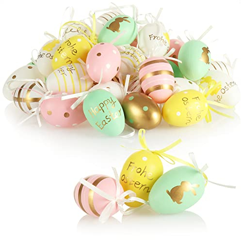 com-four® 36x Ostereier zum Aufhängen - Bunte Ostereier aus Kunststoff mit Muster - Hängedeko für den Osterstrauß - Frohe Ostern (36 Stück - goldfarben/rosa/grün)