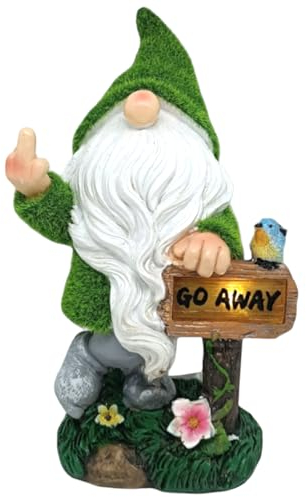 TIN DREAMS FACTORY | Nano da Giardino Divertente con Dito Medio e Luce Solare – Statua in Resina per Esterni – Decorazione Umoristica per Giardino, Terrazzo e Balcone – 28 cm