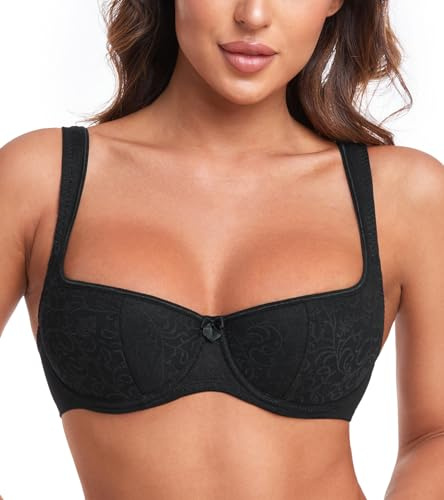 HACI Women's Sexy Balconette Bra Demi Half Cup Scoop Neck Push Up Lightly Padded Shelf Underwire Low Cut(Black,38D)