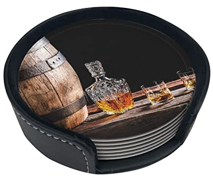Whisky Beer Pictures Lot de 6 sous-Verres Ronds en PU avec Support Fashion Protect Tapis de Table Convient pour Les Types de Tasses pour la Maison, la Cuisine, Le Bar