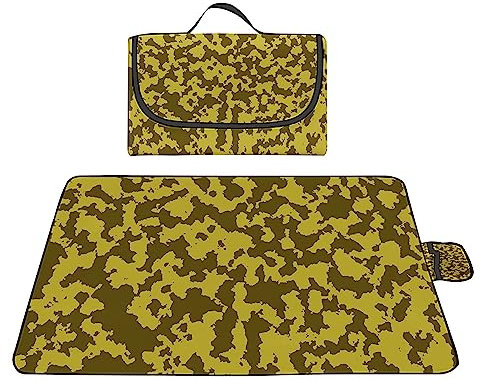 Picknickdecke 200x200cm,XXL Picknickdecke mit Wasserdichter Unterseite,Outdoor Stranddecke Sandfrei,mit Tragegriff Faltbare Picnic Blanket für Camping,Strand,Park,Familie,Konzerte Gelbes Tarnmuster