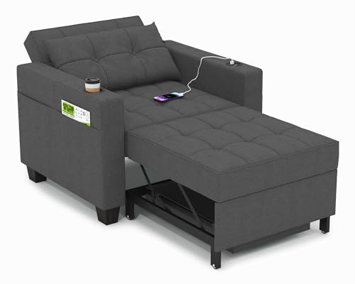 DURASPACE 3 in 1 Single Sofa Bed, Convertible Sleeper Chair with Adjustable Backrest, USB & Storage, Side Pockets, Fold Out Chair Bed for Living Room Dark Grey