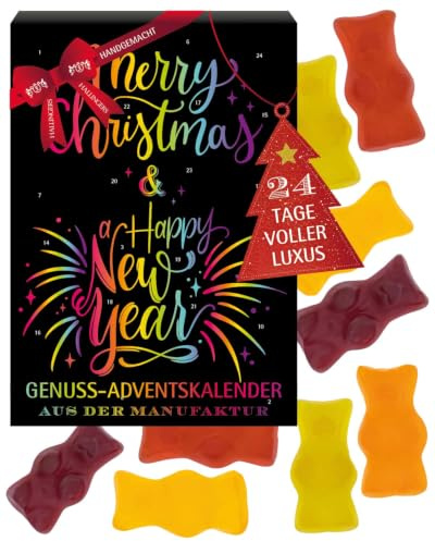 Hallingers Genuss Manufaktur Fruchtsaftbärchen Adventskalender - 48 extra große Fruchtgummi Bärchen handmade in wertigem Softfeel-Karton Rainbow, Weihnachtskalender für Frauen Männer