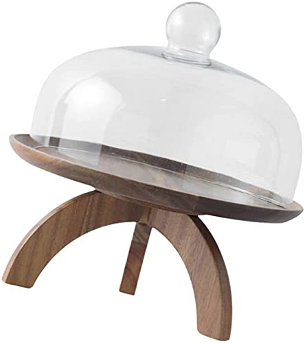 DELURA Tortenplatte mit Haube Käse Glashaube Holz Dessertständer Servierglocke Tortenhaube Speiseglocke Teller Kuchen Essenshaube Haubenhaube Restaurant Küche Party Bäckerei