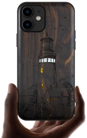 Carveit Étui pour iPhone 11 Coque [Gravure en Bois et Incrustation de Coquille] Cover Compatible avec Apple 11 Luxe et Case Etui Bois (Bois Sombre-Un Clignotant Leuchtturm)
