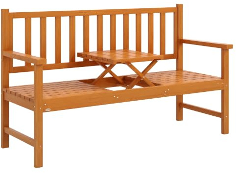 Outsunny Gartenbank 3-Sitzer Sitzbank mit Tisch Hellbraun 153 x 56 x 91 cm | Parkbank mit Armlehne, Holzbank bis 280 kg Belastbar, für Balkon, Terrasse