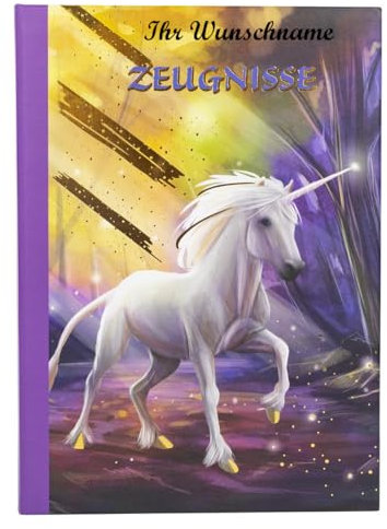 Zeugnismappe mit Namensgravur - A4 - Einhorn - Einband wattiert mit 12 Hüllen