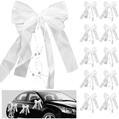 SNAIL GARDEN 10 Stück Autoschleifen Hochzeit XXL Set – Handgemachte Satinband Deko mit Perlenketten & Mehrschicht-Tüll (30x16cm) Lackschonende Hochzeitsdeko für Auto Weiß