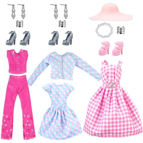 20 Stück Kleidung und Zubehör für Puppen,Inklusive Schöne Kleider Tops, Hosen ,Viele Kleine Accessoires Geeignet für Puppe, Damen
