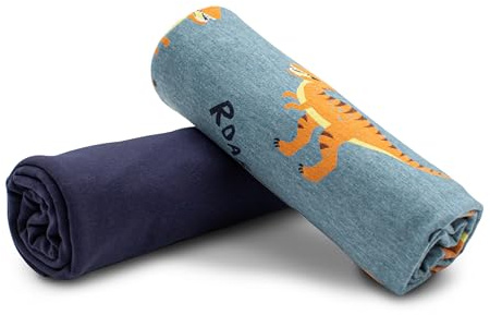 VmG-Store Jerseystoff Set farblich abgestimmt Design + Uni je 0,5mx1,5m 95% Baumwollstoff 5% Elasthan Tex Standard 100 (Dinosaurier Rauchblau + Navy Set46)