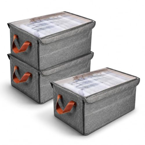 Clothes Storage Boxes with Lids, 4er 90L Clothes Storage Bags with Zips | Wardrobe Clothes Storage Organiser Stackable Large Storage Boxes with Lids for Bedding Jeans T-Shirts, 60*40*35cm