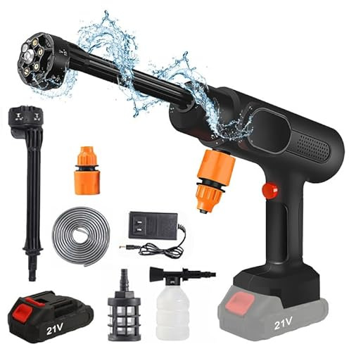 Rondella ad alta pressione senza fili, idropulitrice a batteria, 21 V, idropulitrice portatile ad alta pressione, 95 bar max, 6 in 1, con 2 batterie ricaricabili per auto, finestre, prato, giardini,