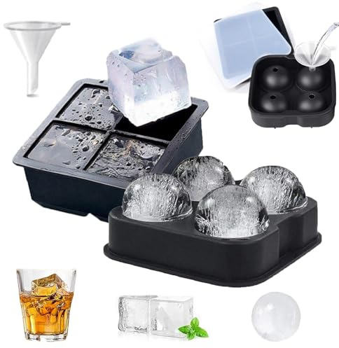 2 Stück Eiswürfelform Groß und 1 Stück Trichter, 4 Fach Mit Deckel Eiswürfelform Silikon, Silikon Eiswürfelform, Ice Cube Tray für Cocktails Wein Obst Eiscreme Eistee(Schwarz)