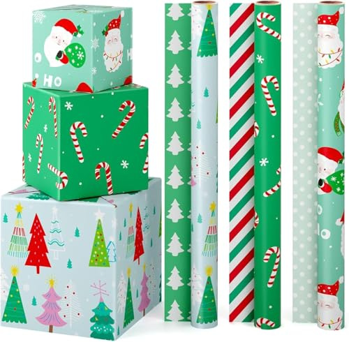WERNNSAI Weihnachts Geschenkpapier – 3 Rollen Geschenkpapier Weihnachten Kinder Grüner Weihnachtsbaum Weihnachtsmann Buntes Zuckerstangen Geschenk Deko Weihnachtsfeier Geburtstagsdekoration 43cm x 3m