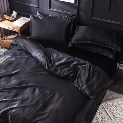 Solid Color Silk Bedding Set with Duvet Cover Bed Sheets Pillowcases Smooth Satin Single Queen Double Twin Size