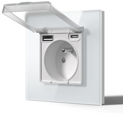 BSEED Prise Electrique avec USB et Type C Etanche, Prise Murale en Verre, 16 Amp 240V Alternatif, Commutateur avec couvercle étanche Convient pour la salle de bains, la cuisine, 86MM Blanc