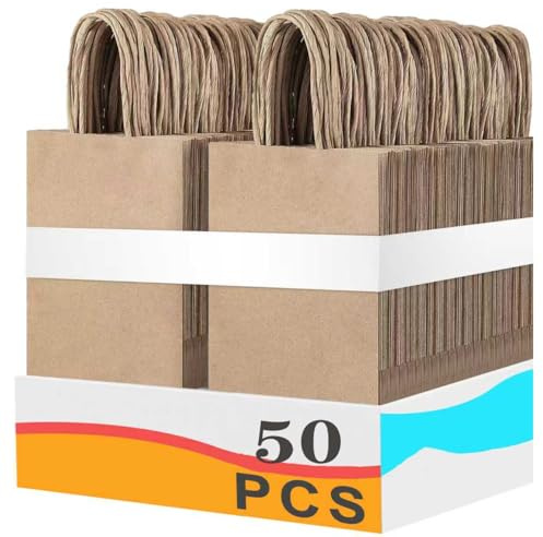 50 Braune Kraftpapier-Tragetaschen mit Henkel (15x8x21 cm) ，Papiertüten Geschenktüten Weihnachten ，Vielseitige Geschenkverpackung für Hochzeiten, Geburtstage, Partys & Einkäufe.