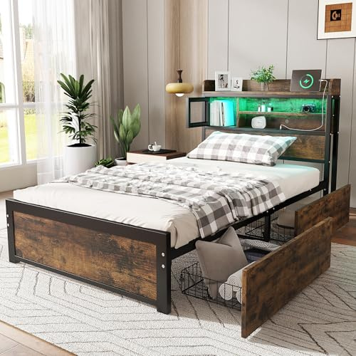 Merax 3FT Single Bed Storage Bed 90x190cm with LED, 2 Drawers & 3 USB Charging Ports, Durable Iron Frame, Multifunctional Bed for Teens & Adults, Black & Wood Colour - without Materss | LED, 2 Drawers, 3 USB Charging Ports, Durable Iron Frame, Multifunctional for Teens & Adults
