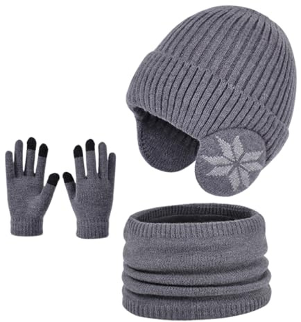 Enwokran D'hiver Enfant Bonnet avec Cache-Oreille Écharpe Gants 3 en1, Doublure Intérieure en Polaire Bonnet en Tricot Chaud Élastique Cache-Cou Gants à écran Tactile pour Fille Garçon 4-10