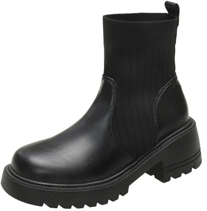 Generisch Damen Stiefeletten Plateau Boots mit Blockabsatz Profilsohle Wasserdicht Winddicht Refined Chelsea Stiefel Stiefelletten Mid Calf Boot Ankle Boot Kurze Herbst Freizeitschuhe Winterstiefel