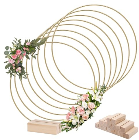 8 Stück 30cm Metallringe zum Basteln, Gold Metallringe mit Fuß mit 8 Stück Holzständern Drahtringe Deko Ringe für Hochzeitskranz Dekor DIY Kranz Handwerk Wandbehang Handwerk Weihnachtskranz
